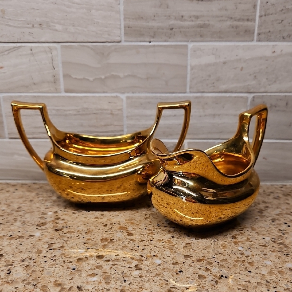 Art Deco Tea Service Porcelain Gold Signed Vintage Antique Sugar Creamer